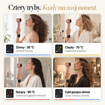 Cztery tryby temperatury SkinVibe Nuvia AirPlasma: zimny 30 °C, ciepły 70 °C, gorący 90 °C i cykl gorąco-zimno