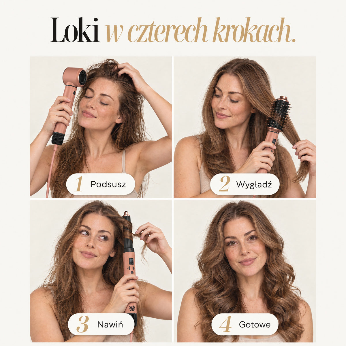 Loki w czterech krokach z SkinVibe Nuvia AirPlasma: podsusz, wygładź, nawiń, gotowe