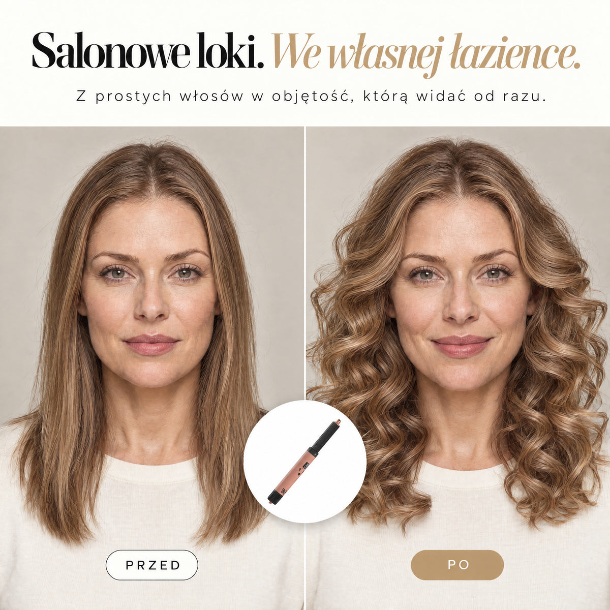 Przed i po: proste włosy zamienione w loki lokówką SkinVibe Nuvia AirPlasma