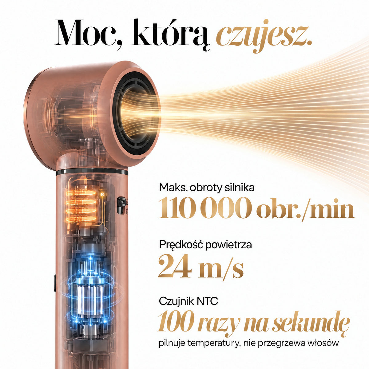Wnętrze SkinVibe Nuvia AirPlasma - silnik 110 000 obr./min, nawiew 24 m/s, czujnik NTC sprawdza temperaturę 100 razy na sekundę
