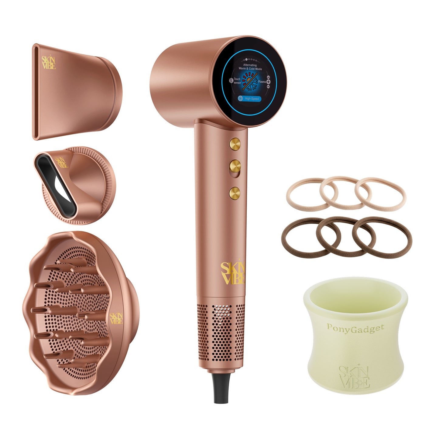 Zestaw: suszarka SkinVibe Aurea Family x Plasma (Mocha Mousse) + PonyGadget (Kremowy) z gumkami
