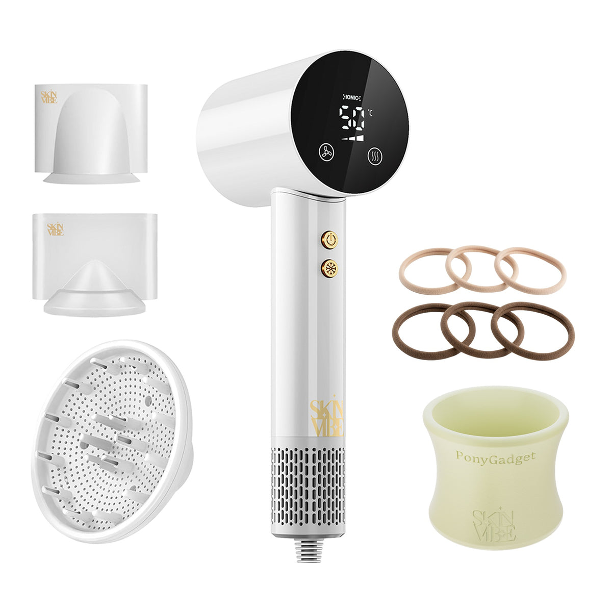 Zestaw: suszarka SkinVibe Libra AirLoom (Biały) + PonyGadget (Kremowy) z gumkami