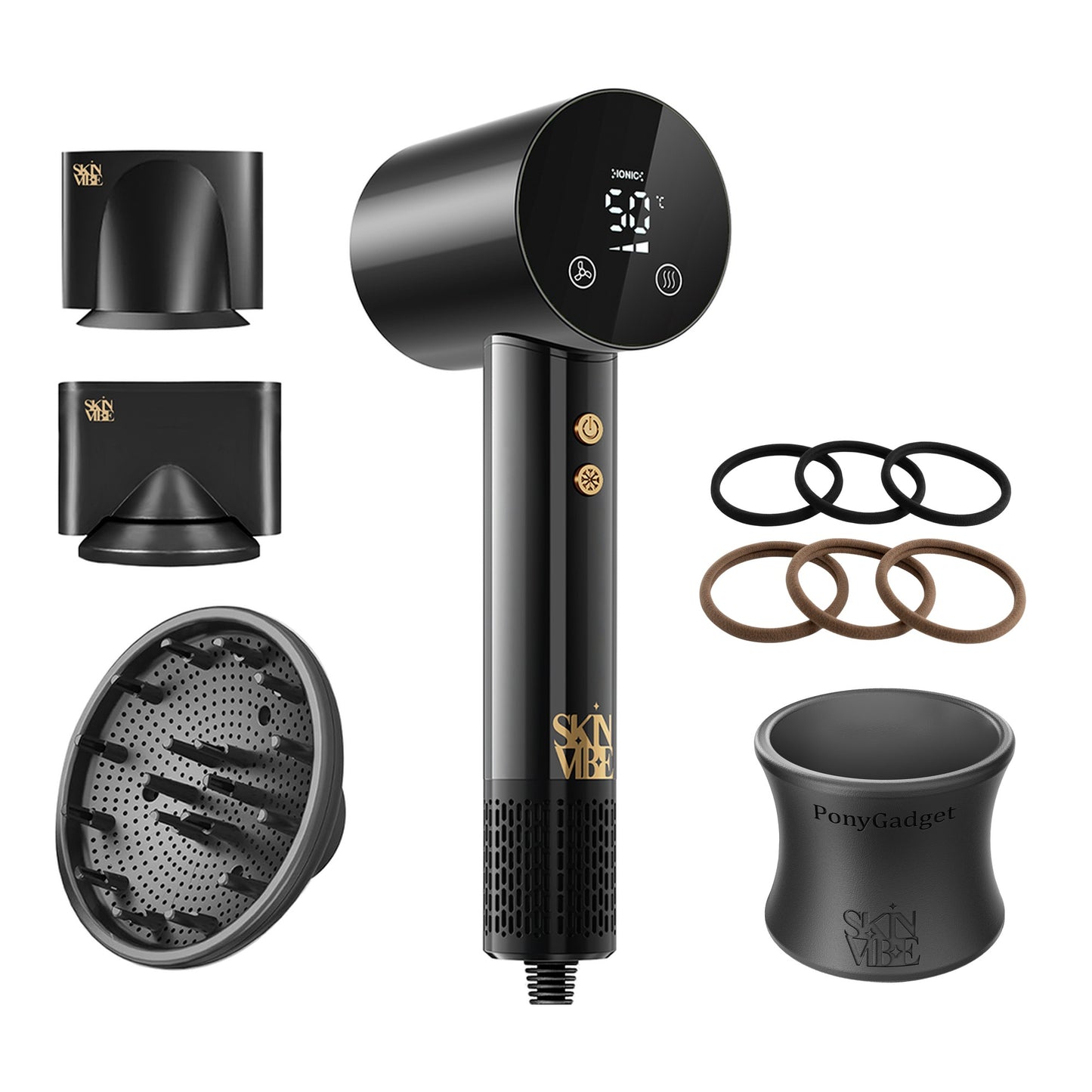 Zestaw: suszarka SkinVibe Libra AirLoom (Czarny) + PonyGadget (Czarny) z gumkami